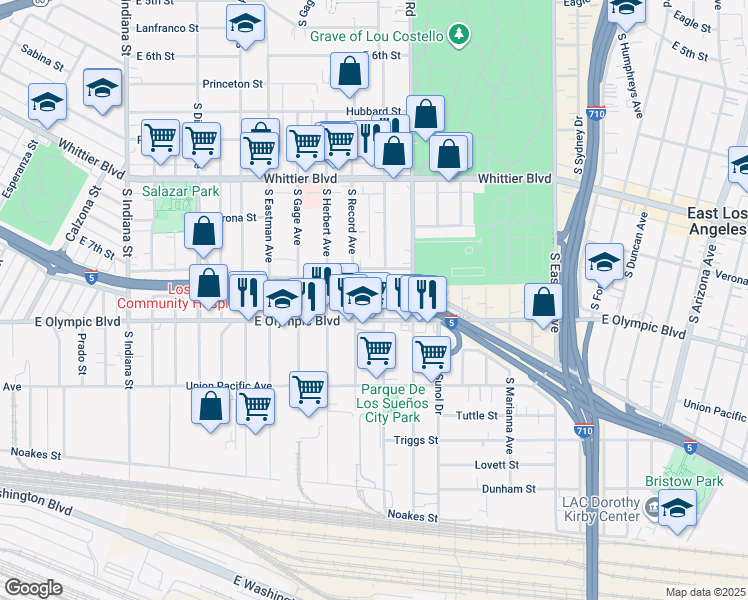 map of restaurants, bars, coffee shops, grocery stores, and more near 1138 South Record Avenue in Los Angeles