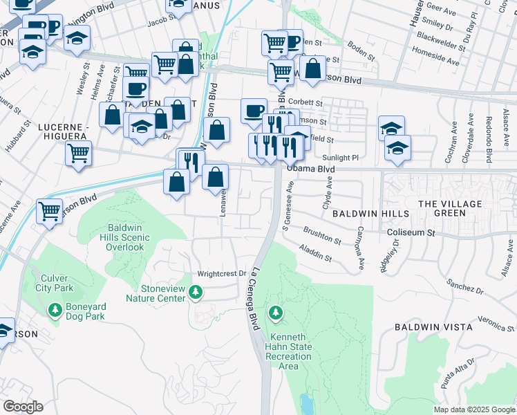 map of restaurants, bars, coffee shops, grocery stores, and more near 5837 Bowcroft Street in Los Angeles