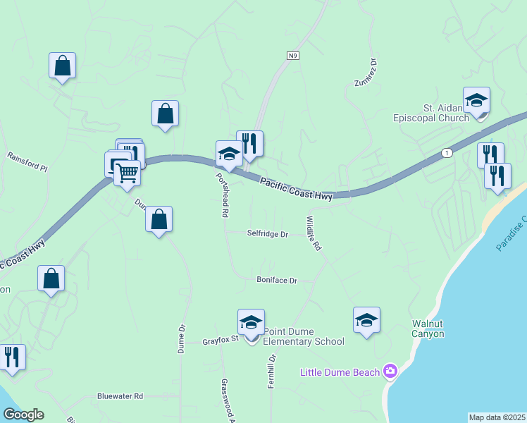map of restaurants, bars, coffee shops, grocery stores, and more near 28901 Selfridge Drive in Malibu
