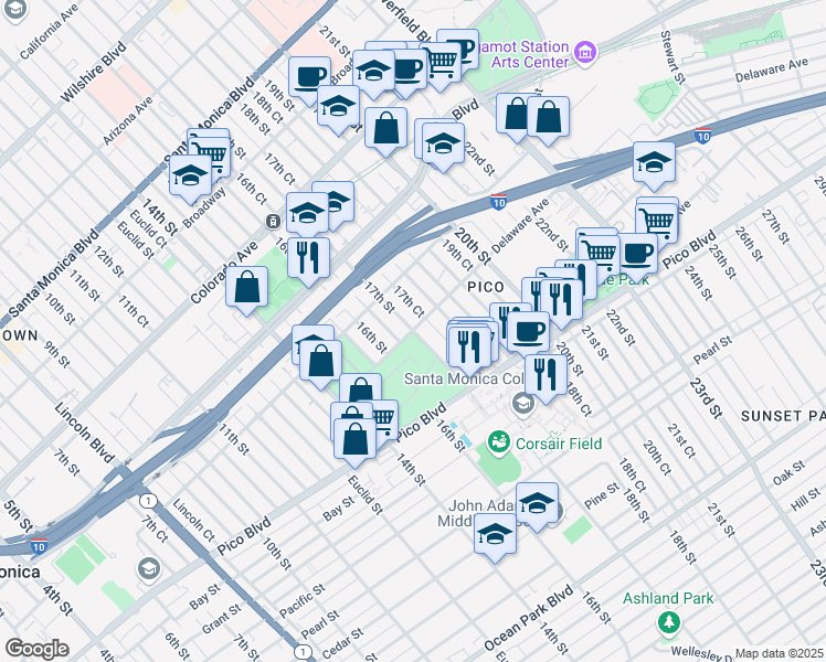map of restaurants, bars, coffee shops, grocery stores, and more near 17th St & Delaware Ave in Santa Monica