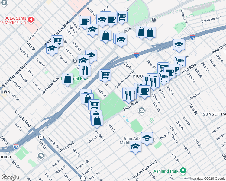 map of restaurants, bars, coffee shops, grocery stores, and more near 1123 17th Court in Santa Monica