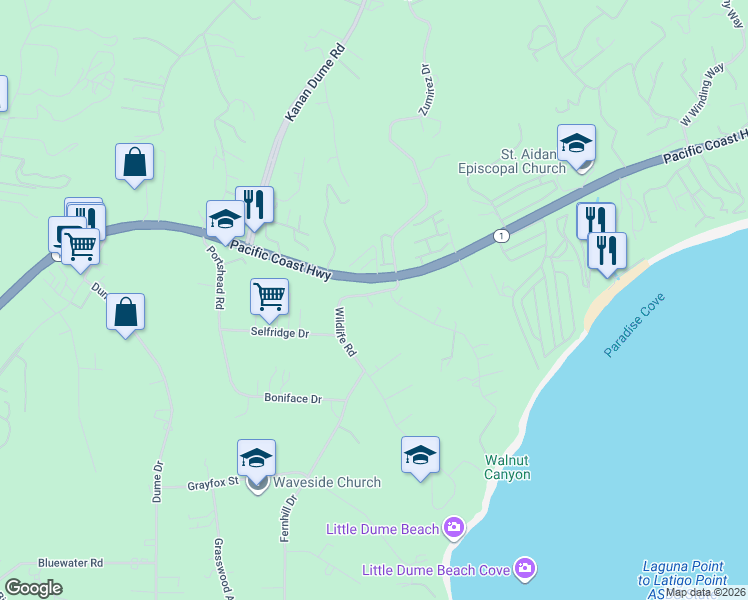map of restaurants, bars, coffee shops, grocery stores, and more near 28700 Pacific Coast Highway in Malibu