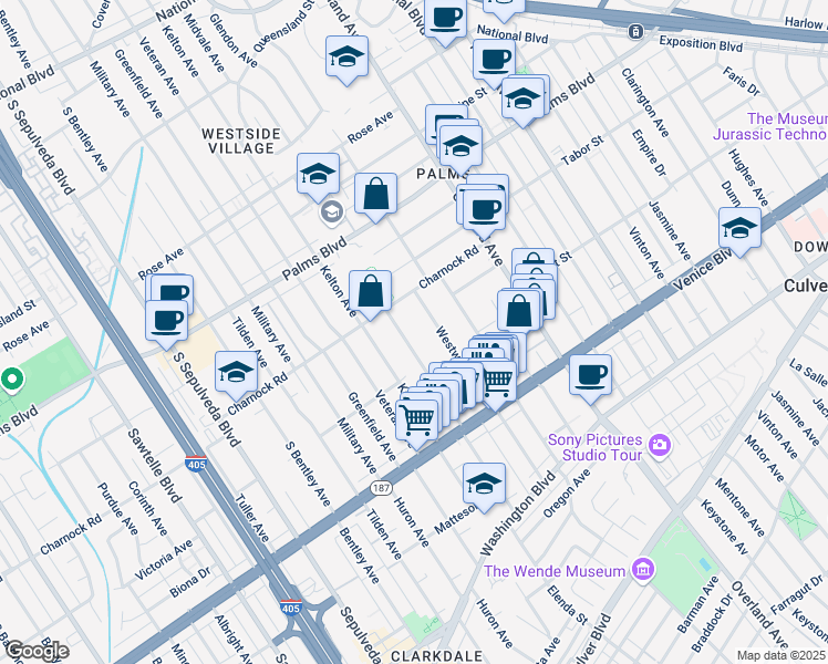 map of restaurants, bars, coffee shops, grocery stores, and more near 3624 Midvale Avenue in Los Angeles