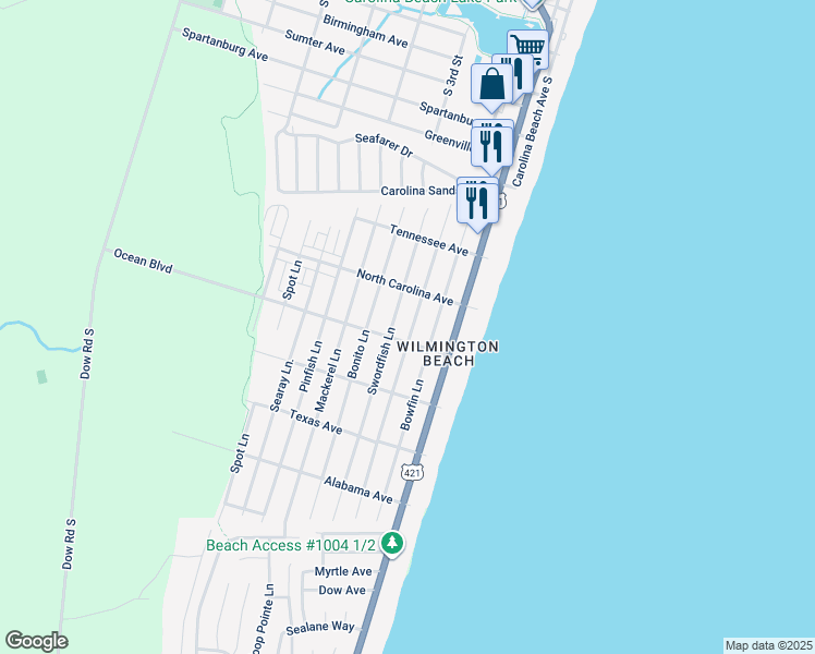 map of restaurants, bars, coffee shops, grocery stores, and more near 1318 Snapper Lane in Carolina Beach