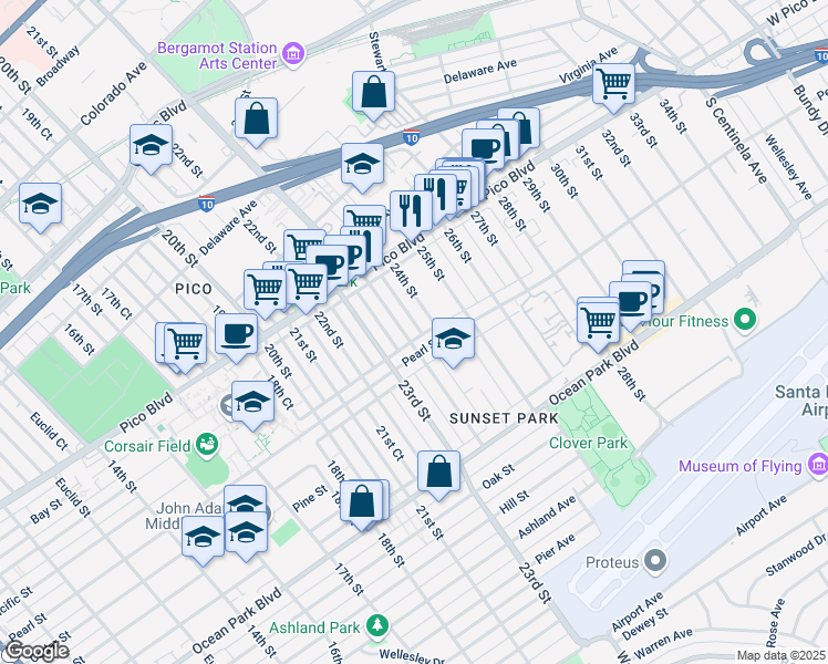 map of restaurants, bars, coffee shops, grocery stores, and more near 2261 Cloverfield Boulevard in Santa Monica