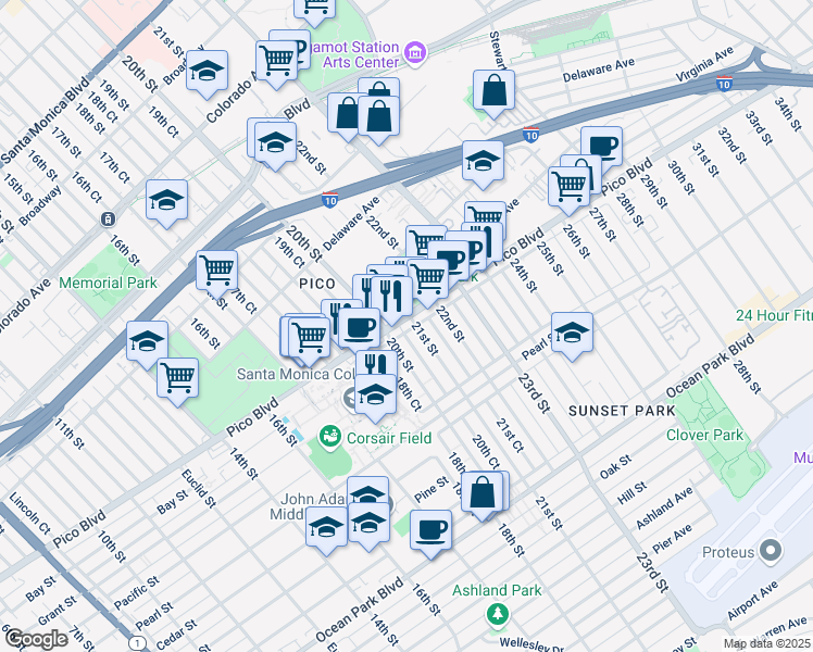 map of restaurants, bars, coffee shops, grocery stores, and more near 2029 Pico Boulevard in Santa Monica
