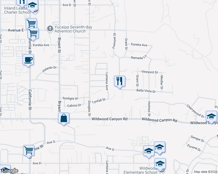 map of restaurants, bars, coffee shops, grocery stores, and more near 12885 Lantana Avenue in Yucaipa