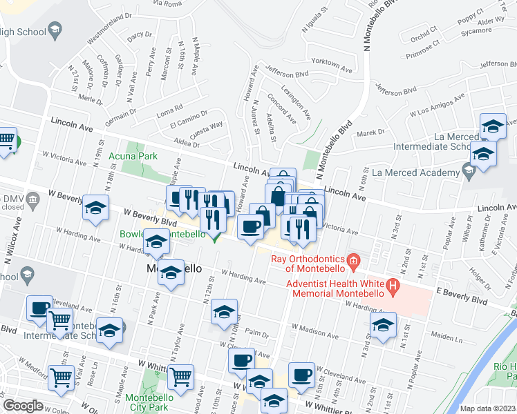 map of restaurants, bars, coffee shops, grocery stores, and more near 912 West Victoria Avenue in Montebello