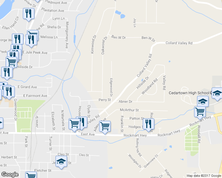 map of restaurants, bars, coffee shops, grocery stores, and more near 67 Edgewood Drive in Cedartown