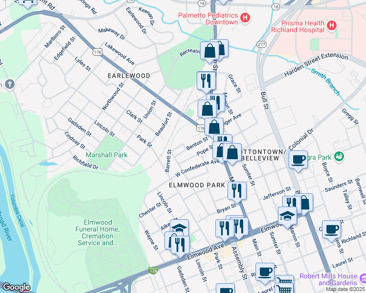 map of restaurants, bars, coffee shops, grocery stores, and more near 1020 Cedar Street in Columbia