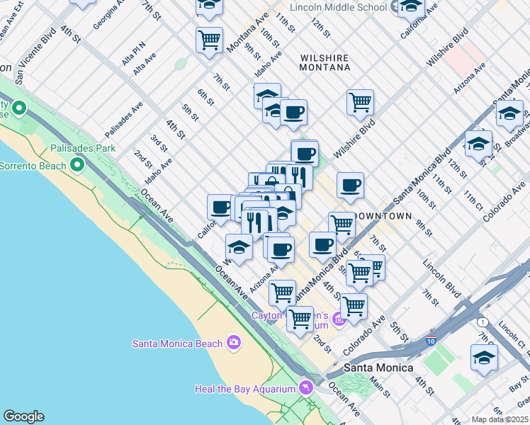 map of restaurants, bars, coffee shops, grocery stores, and more near 401 Wilshire Boulevard in Santa Monica