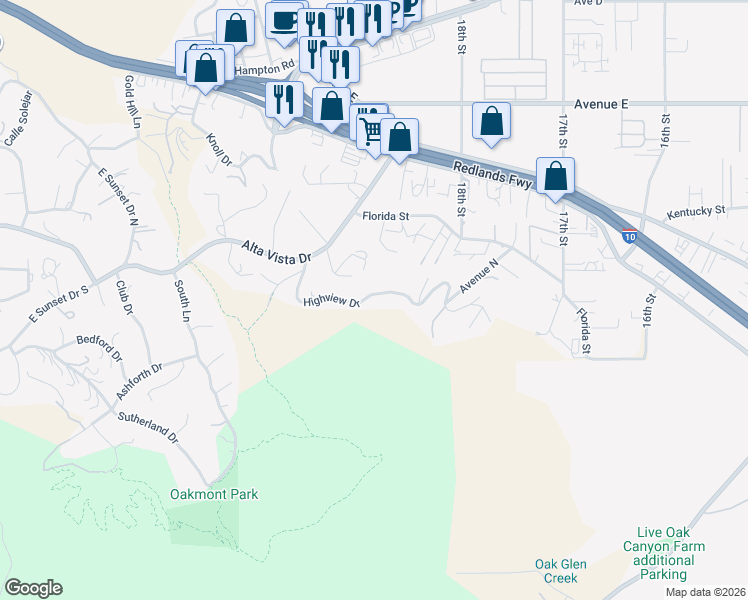 map of restaurants, bars, coffee shops, grocery stores, and more near 31543 Highview Drive in Redlands