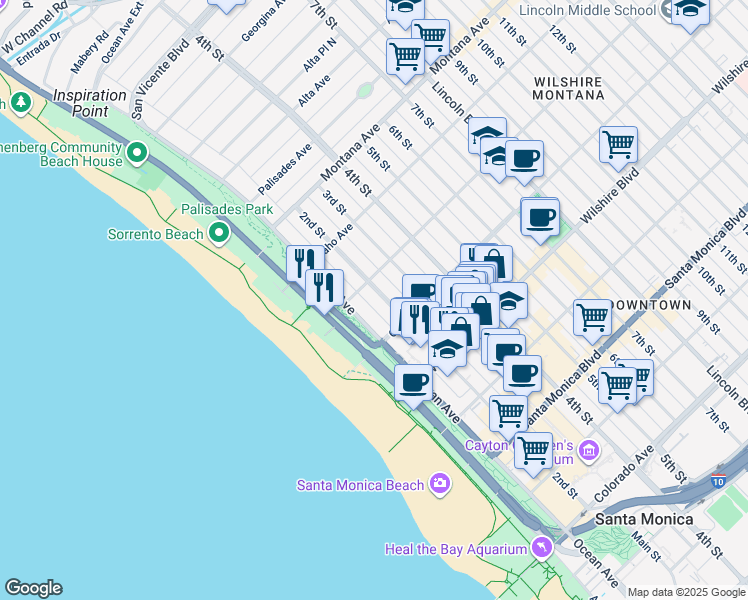 map of restaurants, bars, coffee shops, grocery stores, and more near 1018 2nd Street in Santa Monica