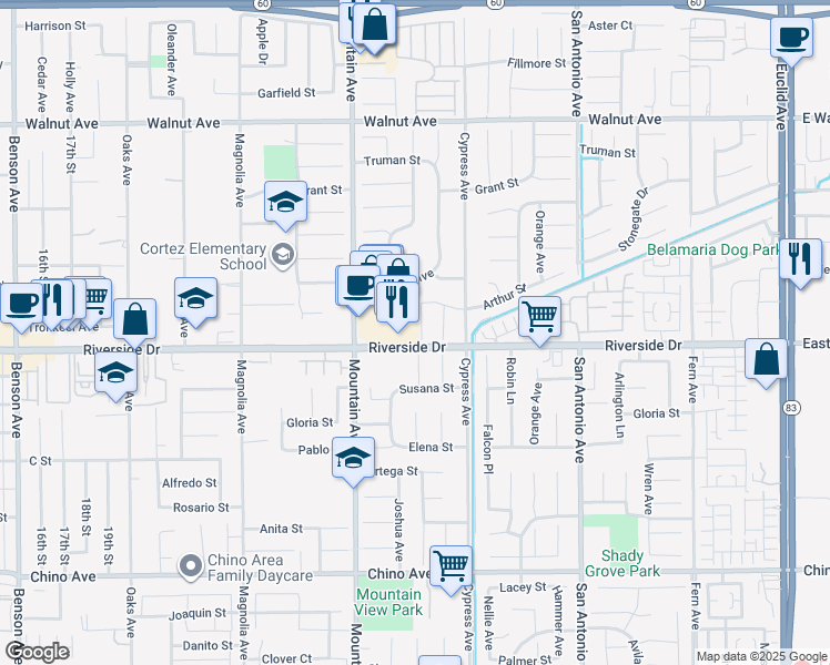 map of restaurants, bars, coffee shops, grocery stores, and more near 12884 Raintree Court in Chino