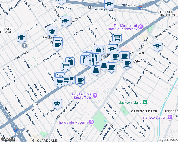 map of restaurants, bars, coffee shops, grocery stores, and more near 10410 Venice Boulevard in Culver City