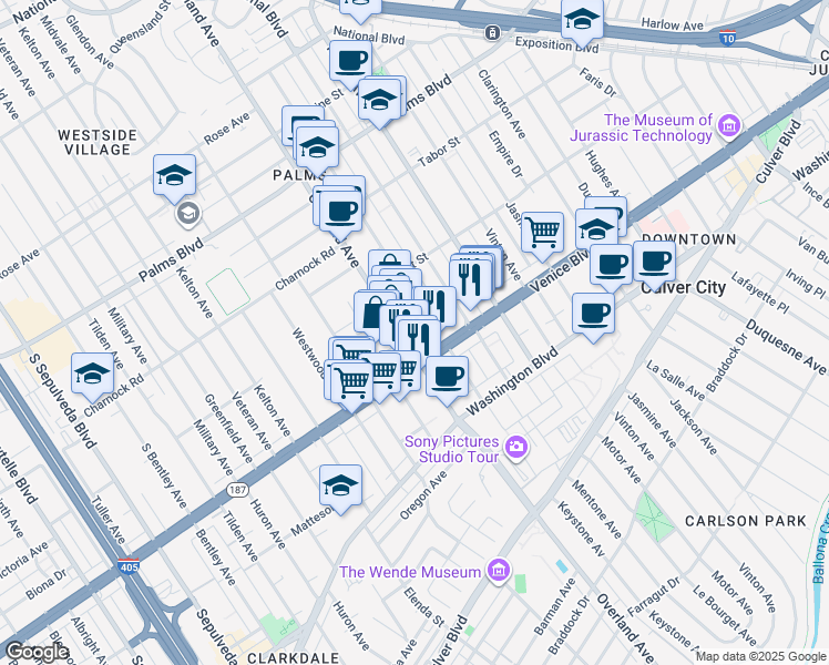 map of restaurants, bars, coffee shops, grocery stores, and more near 3761 Keystone Avenue in Los Angeles