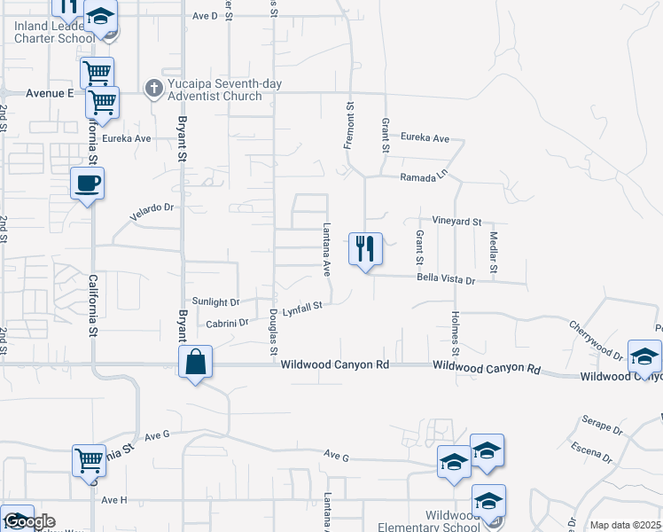 map of restaurants, bars, coffee shops, grocery stores, and more near 12885 Lantana Avenue in Yucaipa