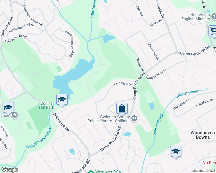 map of restaurants, bars, coffee shops, grocery stores, and more near 442 Club View Drive in Lawrenceville