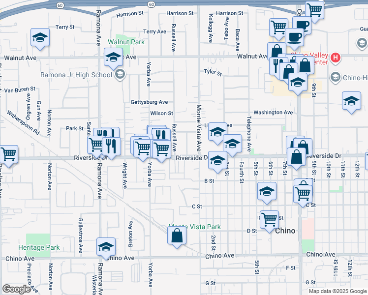 map of restaurants, bars, coffee shops, grocery stores, and more near 12862 Lewis Avenue in Chino