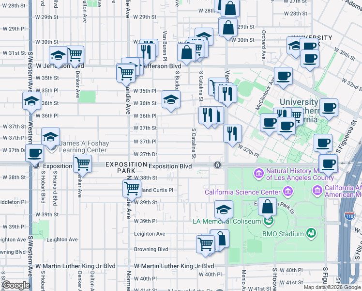 map of restaurants, bars, coffee shops, grocery stores, and more near 1234 West 37th Place in Los Angeles