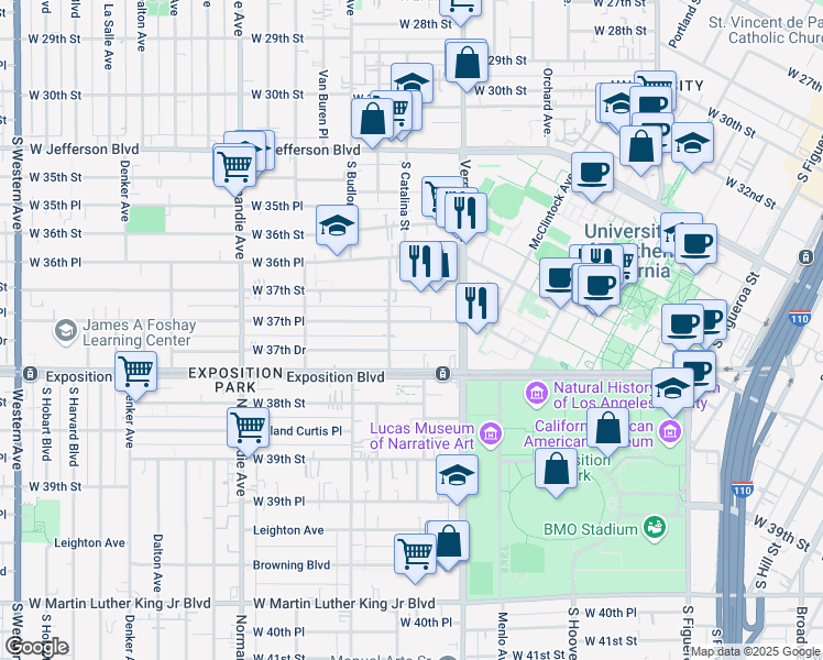 map of restaurants, bars, coffee shops, grocery stores, and more near 1146 West 37th Street in Los Angeles