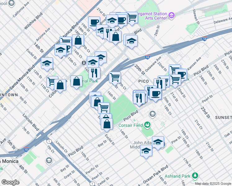 map of restaurants, bars, coffee shops, grocery stores, and more near 1824 17th Street in Santa Monica