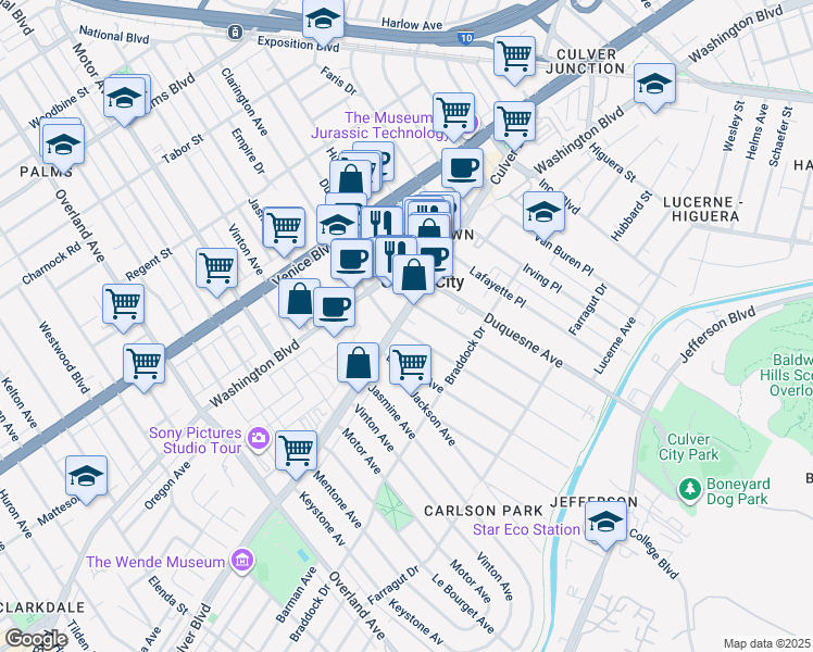 map of restaurants, bars, coffee shops, grocery stores, and more near 3933-3969 Madison Avenue in Culver City