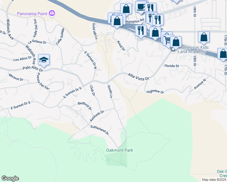 map of restaurants, bars, coffee shops, grocery stores, and more near 12865 South Lane in Redlands