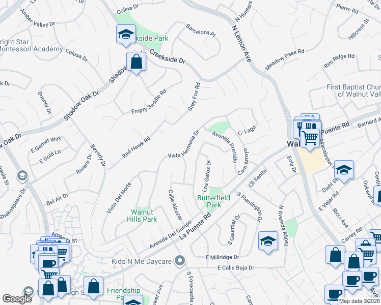 map of restaurants, bars, coffee shops, grocery stores, and more near 19716 Vista Hermosa Drive in Walnut