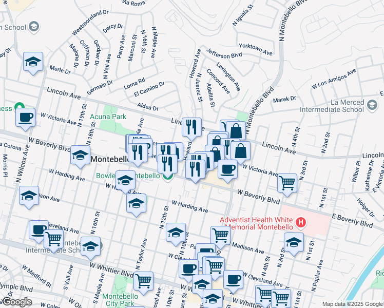 map of restaurants, bars, coffee shops, grocery stores, and more near 1200 West Victoria Avenue in Montebello