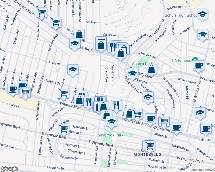 map of restaurants, bars, coffee shops, grocery stores, and more near 630 South Brady Avenue in East Los Angeles