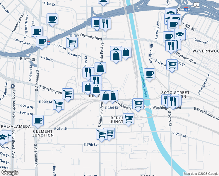 map of restaurants, bars, coffee shops, grocery stores, and more near 2415-2417 E 15th St in Los Angeles