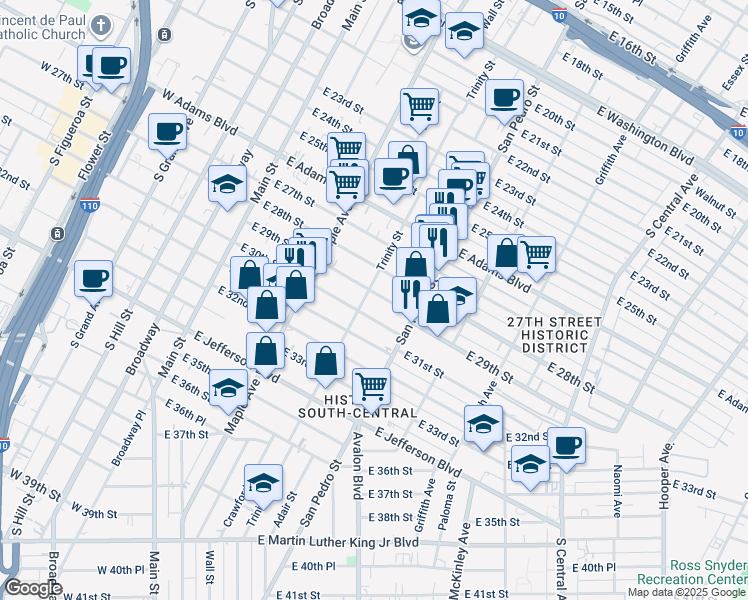 map of restaurants, bars, coffee shops, grocery stores, and more near 2818 Trinity Street in Los Angeles