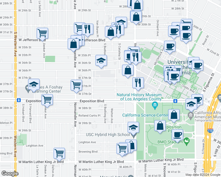 map of restaurants, bars, coffee shops, grocery stores, and more near 1205 West 37th Place in Los Angeles