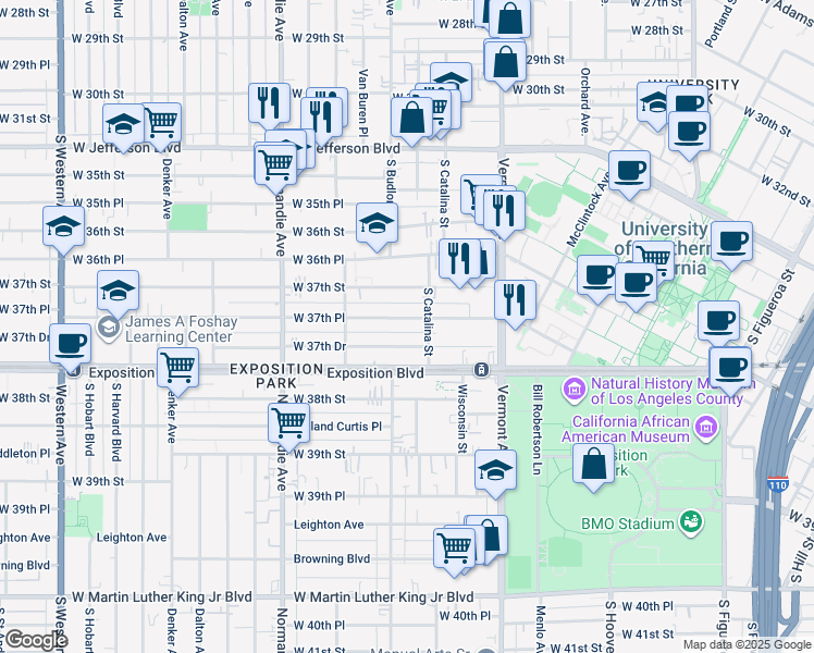 map of restaurants, bars, coffee shops, grocery stores, and more near 1248 1/2 West 37th Place in Los Angeles