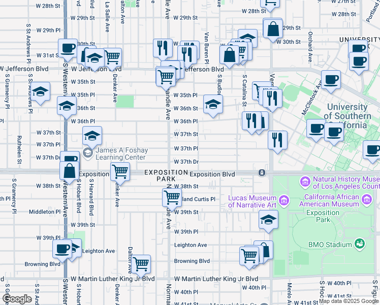 map of restaurants, bars, coffee shops, grocery stores, and more near 1348 West 37th Place in Los Angeles