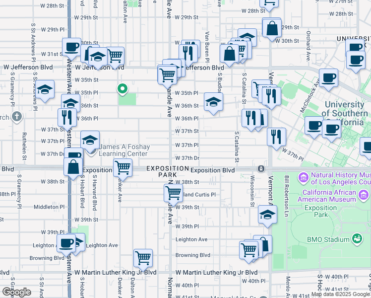 map of restaurants, bars, coffee shops, grocery stores, and more near 1348 West 37th Place in Los Angeles