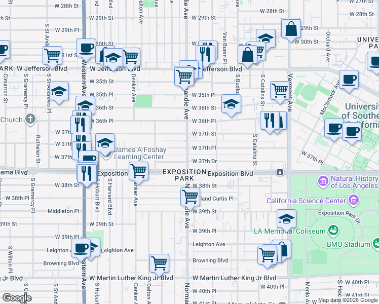 map of restaurants, bars, coffee shops, grocery stores, and more near 1408 West 37th Place in Los Angeles