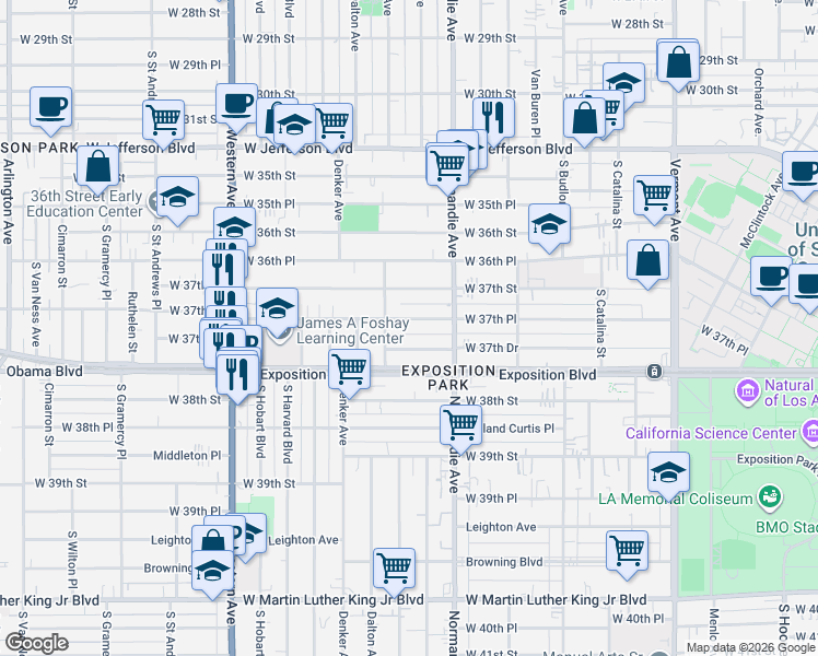 map of restaurants, bars, coffee shops, grocery stores, and more near 1453 West 37th Place in Los Angeles