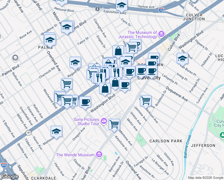 map of restaurants, bars, coffee shops, grocery stores, and more near 3836 Goldwyn Terrace in Culver City