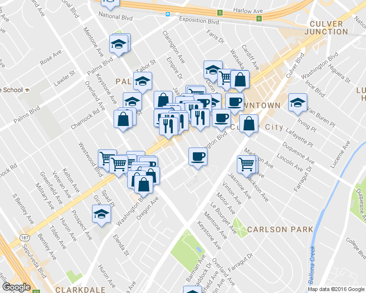 map of restaurants, bars, coffee shops, grocery stores, and more near 3836 Goldwyn Terrace in Culver City