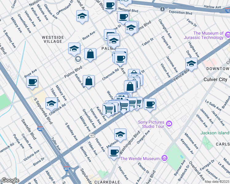 map of restaurants, bars, coffee shops, grocery stores, and more near 3652 Westwood Boulevard in Los Angeles