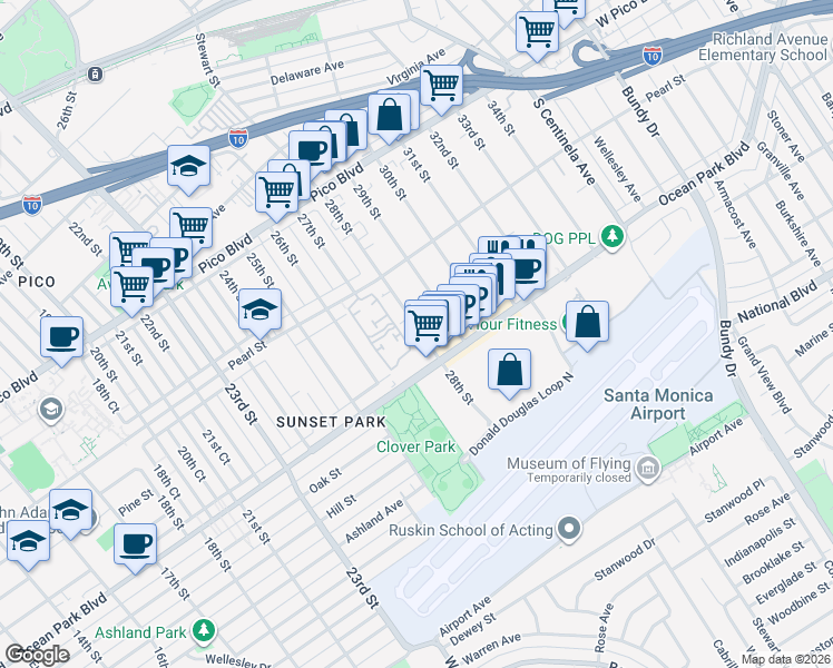 map of restaurants, bars, coffee shops, grocery stores, and more near 2615 28th Street in Santa Monica