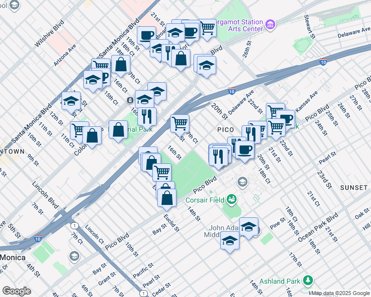 map of restaurants, bars, coffee shops, grocery stores, and more near 1824 17th Street in Santa Monica