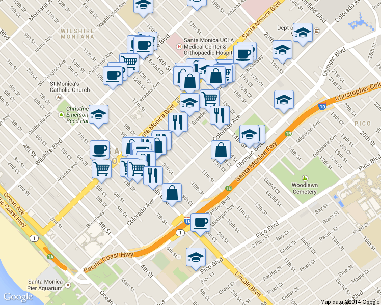 map of restaurants, bars, coffee shops, grocery stores, and more near 1560 12th Street in Santa Monica