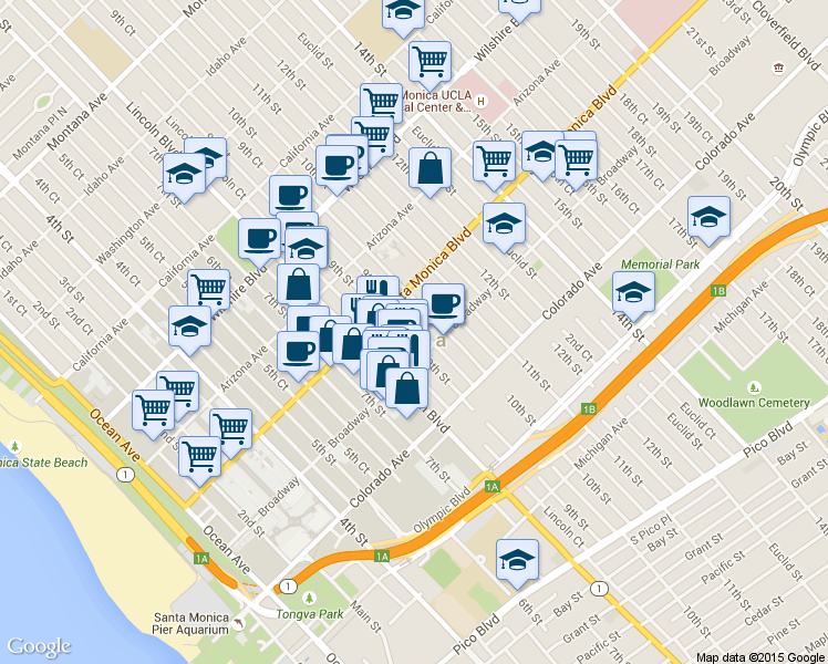 map of restaurants, bars, coffee shops, grocery stores, and more near 1423 9th Street in Santa Monica