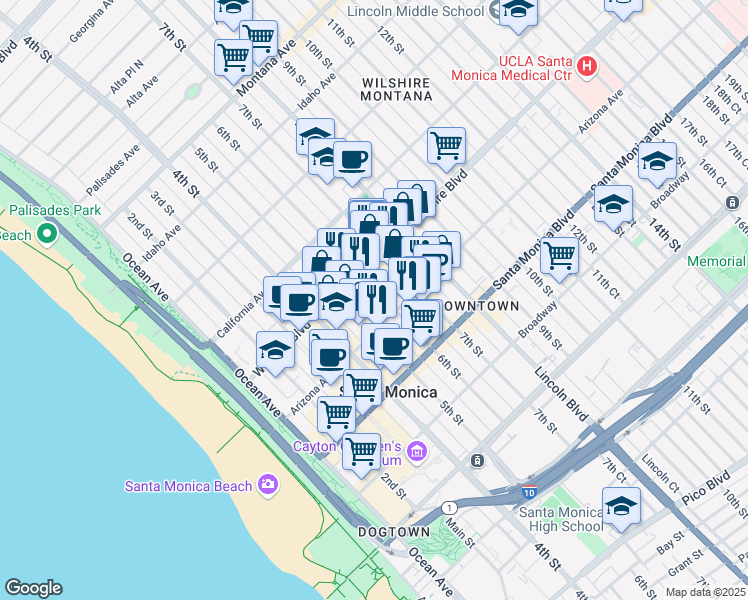 map of restaurants, bars, coffee shops, grocery stores, and more near 1233 6th Court in Santa Monica