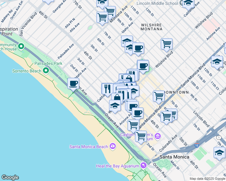 map of restaurants, bars, coffee shops, grocery stores, and more near in Santa Monica