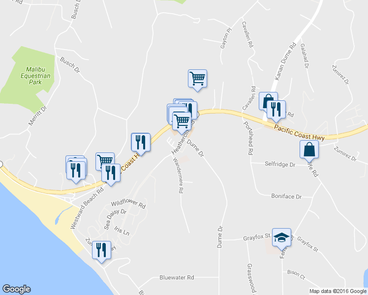 map of restaurants, bars, coffee shops, grocery stores, and more near 6509 Dume Drive in Malibu
