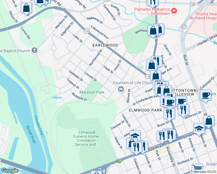 map of restaurants, bars, coffee shops, grocery stores, and more near 2828 Lincoln Street in Columbia